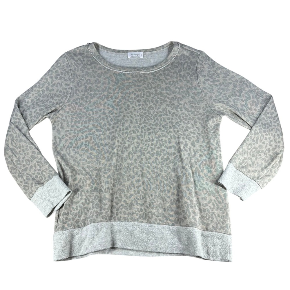 Kaileigh Leopard Print Sweatshirt Crew Neck Grey Tan Large Womens